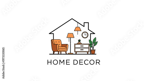 Modern home decor logo illustration showing a cozy armchair, lamp, and dresser inside the simple outline of a house shape on white.