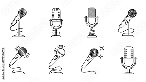 Set of different microphone icons and styles in a simple black and white line art design, perfect for music or podcasting themes.