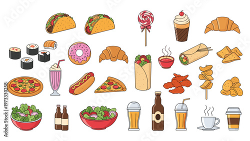 Large assortment of colorful fast food and snack illustrations including tacos, pizza, donuts, and drinks on a plain white background.