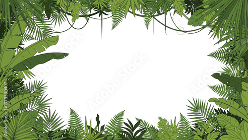 Lush border frame composed of various green tropical leaves ferns and palm branches over a central white blank space.