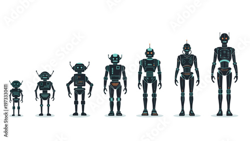 Series of eight robots showing an evolution from a small simple machine to a tall sophisticated humanoid android figure.