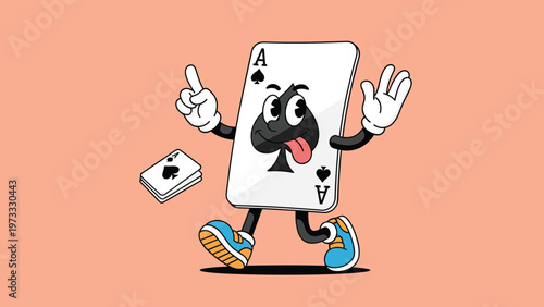Playful cartoon ace of spades playing card character with a funny face and expressive hands jumping in the air.