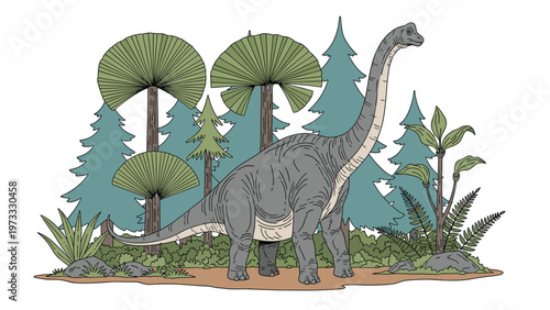 Large brachiosaurus dinosaur standing in a prehistoric forest with tall trees and ferns in a detailed colored illustration style.