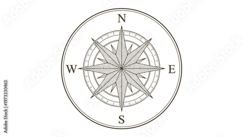 Classic nautical compass rose with north south east and west cardinal directions in a detailed black and white line art style.