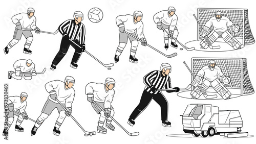Set of various ice hockey player figures including goalies referees and a zamboni machine in action poses for sport graphics.