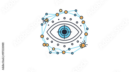 Abstract digital eye icon surrounded by a network of connected nodes and circles representing surveillance and cybersecurity.