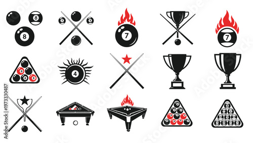 Comprehensive set of billiard icons and emblems featuring balls cues tables and trophies in black red and white colors.