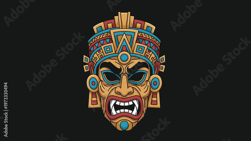 Intricate mayan or aztec tribal mask with fierce expression colorful patterns and ornate headpiece on a black background.