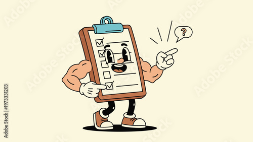 Strong cartoon clipboard mascot with muscular arms checking a list and pointing to a question mark bubble on cream background.