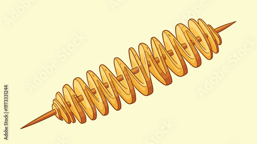 Golden brown spiral fried potato on a wooden stick delicious street food snack isolated on a light yellow background.