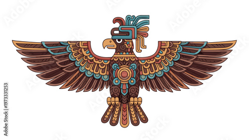 Intricate and colorful stylized eagle carving inspired by ancient aztec and mayan tribal art and central american mythology.