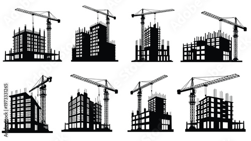 Collection of eight black silhouettes depicting different multi-story buildings under construction with tower cranes on white background.