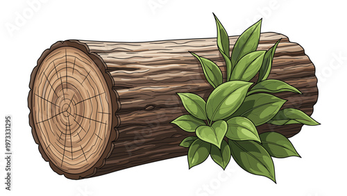 Detailed illustration of a brown tree trunk log with growth rings and vibrant green leaves sprouting from its side on white background.