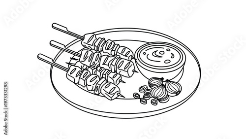 Simple line drawing of three chicken skewers on a plate with a dipping sauce bowl and onions, ideal for coloring.