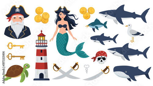 Collection of pirate themed illustrations includes characters like a captain and mermaid, sharks, a lighthouse, and treasure coins.
