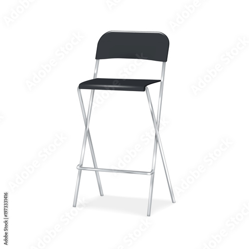 Folding portable bar stool with back and foot rest. 3d mockup. Foldable high black chair with footrest metal base. Realistic vector mock-up
