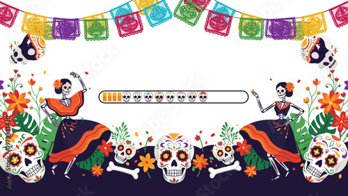 Elaborate day of the dead banner features dancing skeletons, sugar skulls, and colorful papel picado bunting against a dark background.