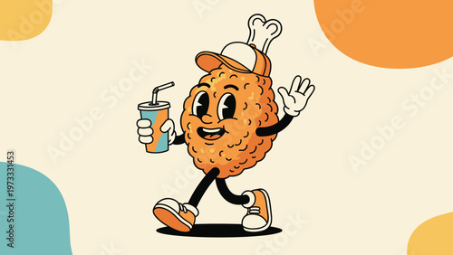 Retro cartoon fried chicken leg character wearing an orange cap and sneakers walks happily while holding a soda cup and waving.