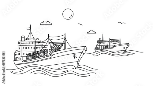 Black and white line art illustration of two fishing trawlers sailing on ocean waves with a sun and clouds in the sky.
