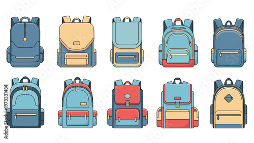 Assorted colorful school backpacks and travel rucksacks for students and outdoor enthusiasts shown in a flat vector design.