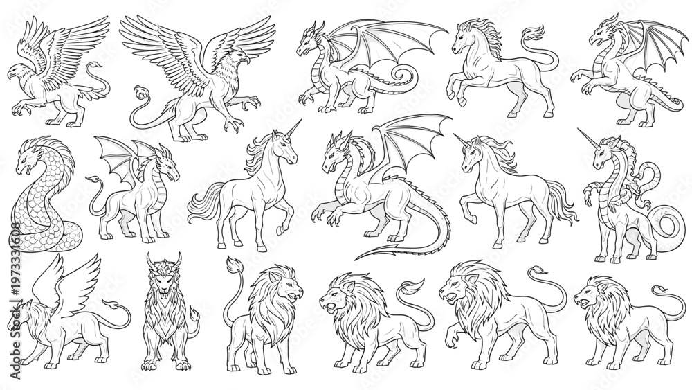 Fototapeta premium Large set of mythical creature sketches including dragons, unicorns, griffins, and winged lions for fantasy themes.
