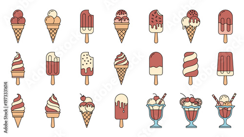 Wide variety of ice cream treats including cones, popsicles, and sundaes in different flavors and styles for menus.