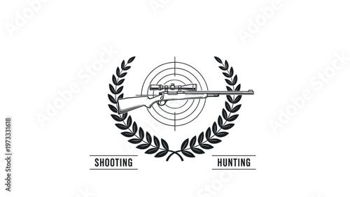 Professional hunting and shooting logo featuring a sniper rifle inside a laurel wreath with a target backdrop.