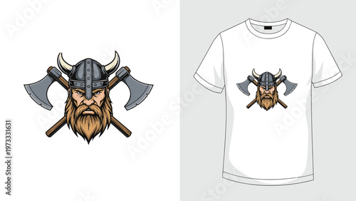 Fierce viking warrior head with a horned helmet and crossed axes shown as a standalone logo and on a t-shirt.