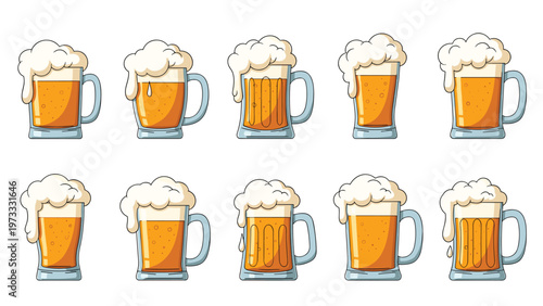 Collection of various beer mugs and glasses filled with amber lager and thick white foam for pub and bar themes.