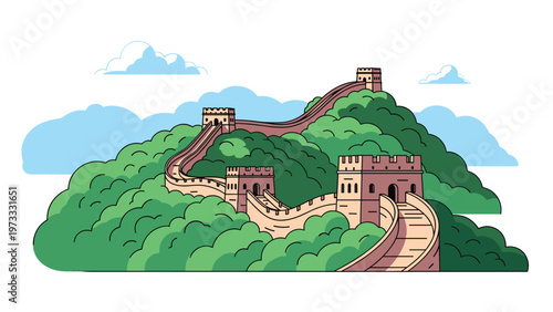 Scenic illustration of the Great Wall of China stretching across green hills under a blue sky with soft white clouds.