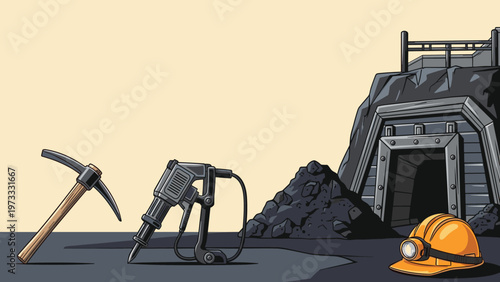 Industrial mining scene featuring a mine entrance, piles of coal, a pickaxe, a jackhammer, and a safety helmet.