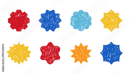 Starburst labels, price tags crayon scribble texture, discount badge set. Sale circle sticker. Wavy, scallop edge promo blank. 