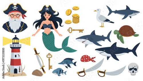 Large collection of pirate and ocean themed cartoon illustrations including a captain, mermaid, lighthouse, sharks, turtle, and treasures.