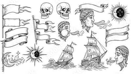 Set of hand drawn vintage nautical illustrations featuring sailing ships, blowing wind faces, skulls, sun, moon, and decorative banners.