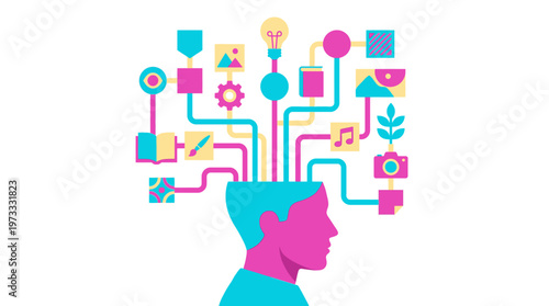 Vivid abstract graphic depicting the human mind as an interconnected network, visualizing idea generation, information processing, creative thought, and innovative problem-solving