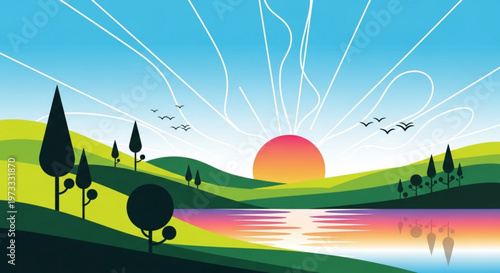 Serene landscape with vibrant sunset over rolling hills lake and trees reflecting colorful sky with birds flying