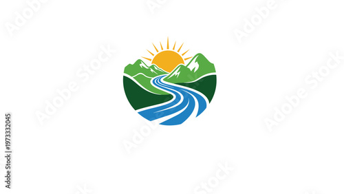 Circular logo design featuring a winding blue river flowing through rolling green mountains under a bright yellow rising sun in the sky.