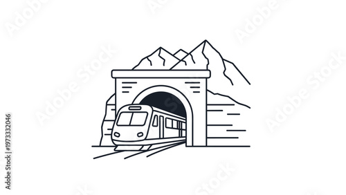 Line art illustration of a modern passenger train emerging from a dark tunnel cut into a steep mountain range under a clear daytime sky.