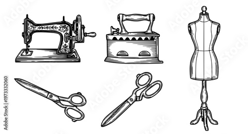 Vintage Tailor Vector Set with Antique Sewing Machine and Tools
