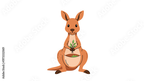 Cute brown cartoon kangaroo standing upright and holding a small bunch of green leaves while a baby joey peeks out of her motherly pouch.
