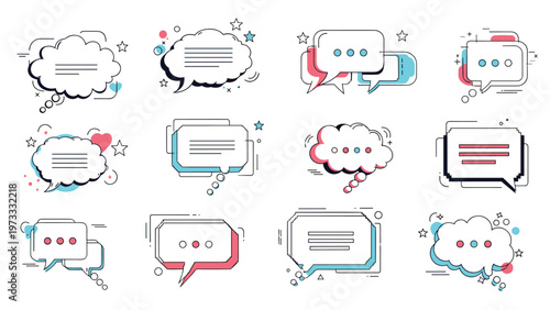 Large set of diverse speech and thought bubbles in various shapes and styles decorated with stars, hearts, and dots in a modern art design.