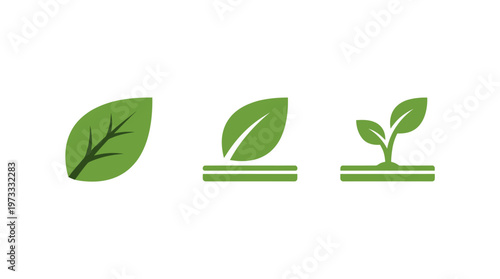 Green leaf growth stages icons: sprout, seedling, plant. Ecology concept.