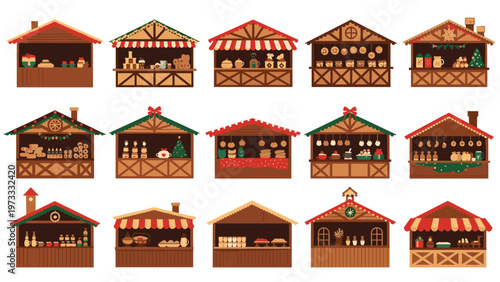 Collection of festive wooden christmas market stalls and wooden kiosks decorated with holiday ornaments and seasonal treats.