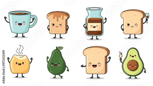 Collection of adorable cartoon breakfast food characters including coffee toast avocado and honey jars with happy faces.