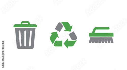 Recycling bin, recycle symbol, and cleaning brush icons on white background