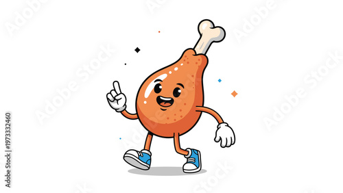 Cheerful cartoon fried chicken drumstick mascot with arms and legs walking and pointing up on a plain white background.