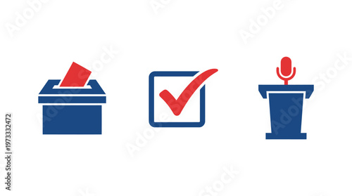 Voting, Election and Debate Icons: Ballot Box, Checkmark, Microphone Podium