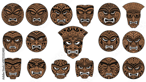 Detailed collection of traditional tiki masks and tribal carvings with various expressions for tropical or beach themes.