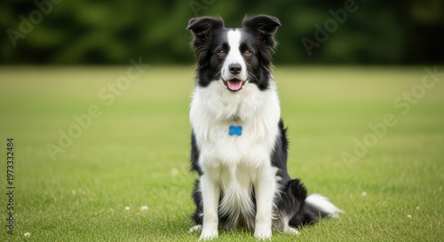 Border Collie dog sitting on green grass looking at camera.