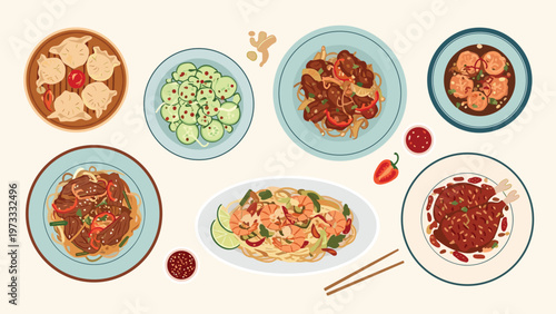 Mouth watering assortment of various asian dishes including dumplings noodles and meat platters on a light background.